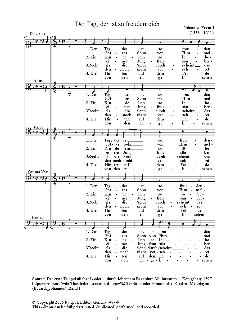 Der Tag der ist so freudenreich à 5 - Choir Script PDF Thumbnail