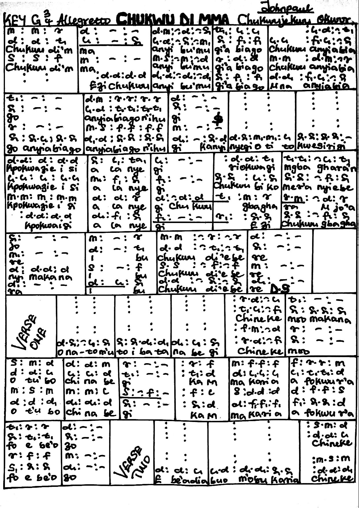 Chukwu Di Mma (entrance) - Download Choir Script PDF