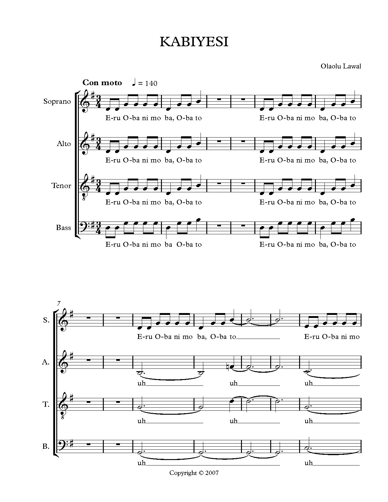 Kabiyesi By Olaolu Lawal - Download Choir Script PDF