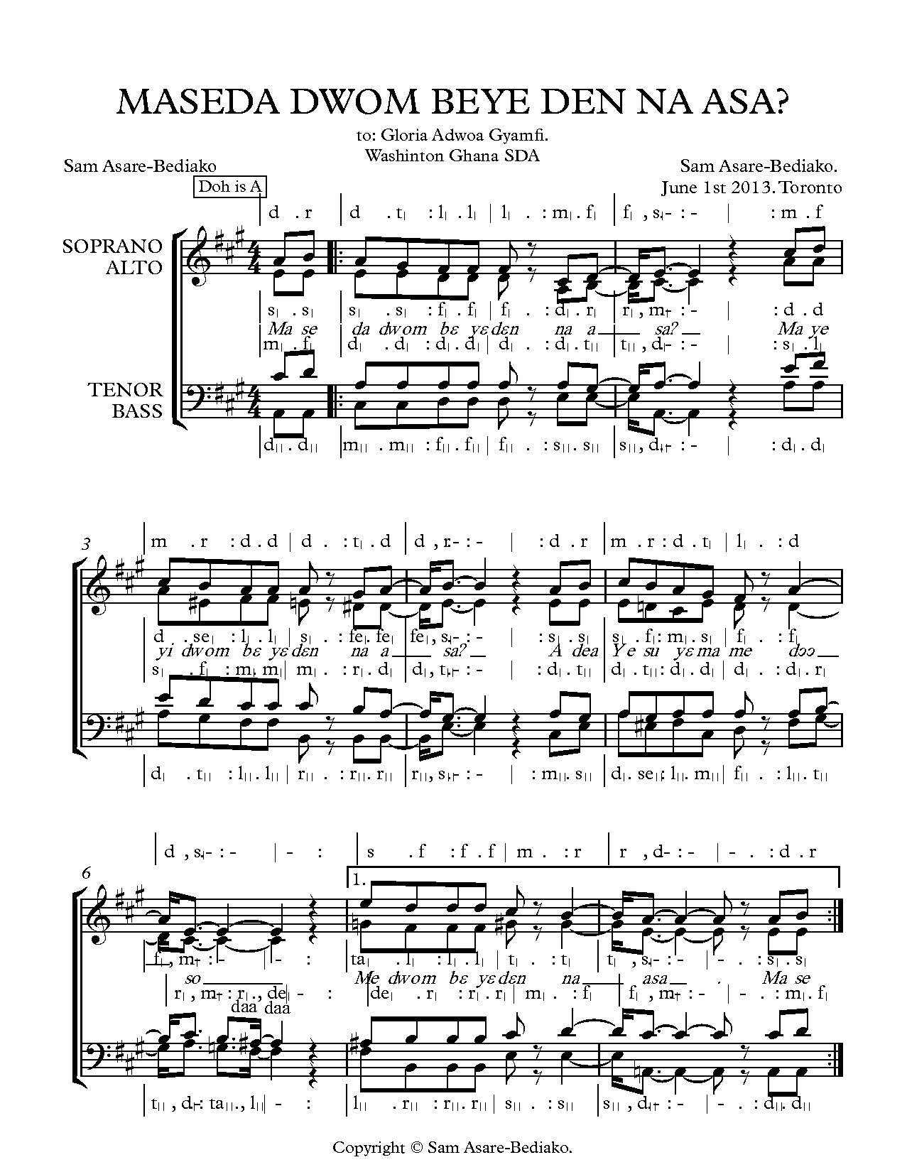 Maseda Dwom Beye Den Na Asa - Download Choir Script PDF