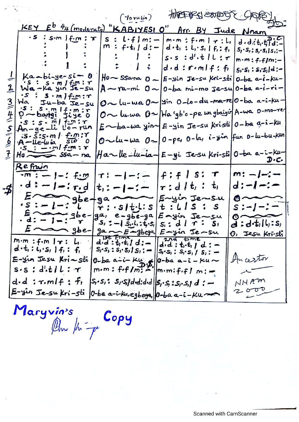 Kabiyesi O, Hosanna O By Jude Nnam - Download Choir Script PDF
