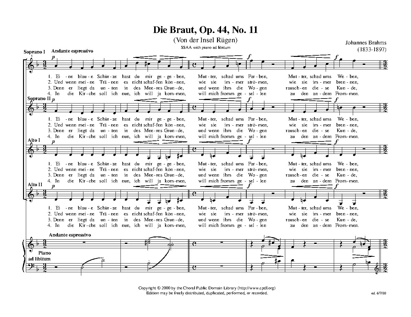 Die Braut, Op. 44, No. 11 - Choir Script PDF Thumbnail