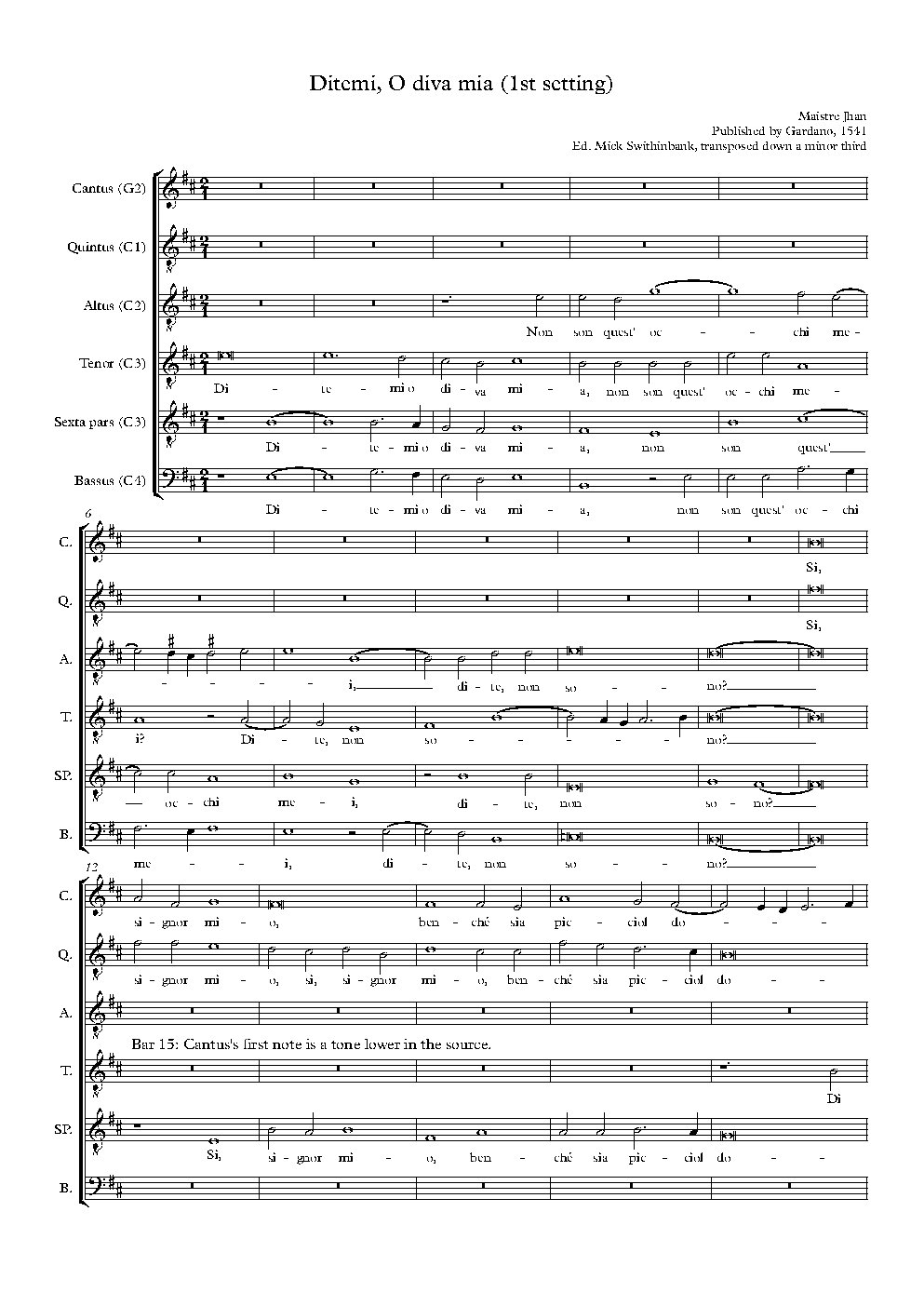 Ditemi, o diva mia (1st setting) - Choir Script PDF Thumbnail