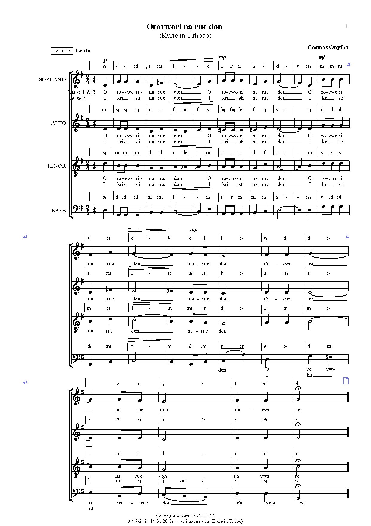 Orovwori Na Rue Don (kyrie In Urobo) By Onyiba Cosmos - Download Choir Script PDF