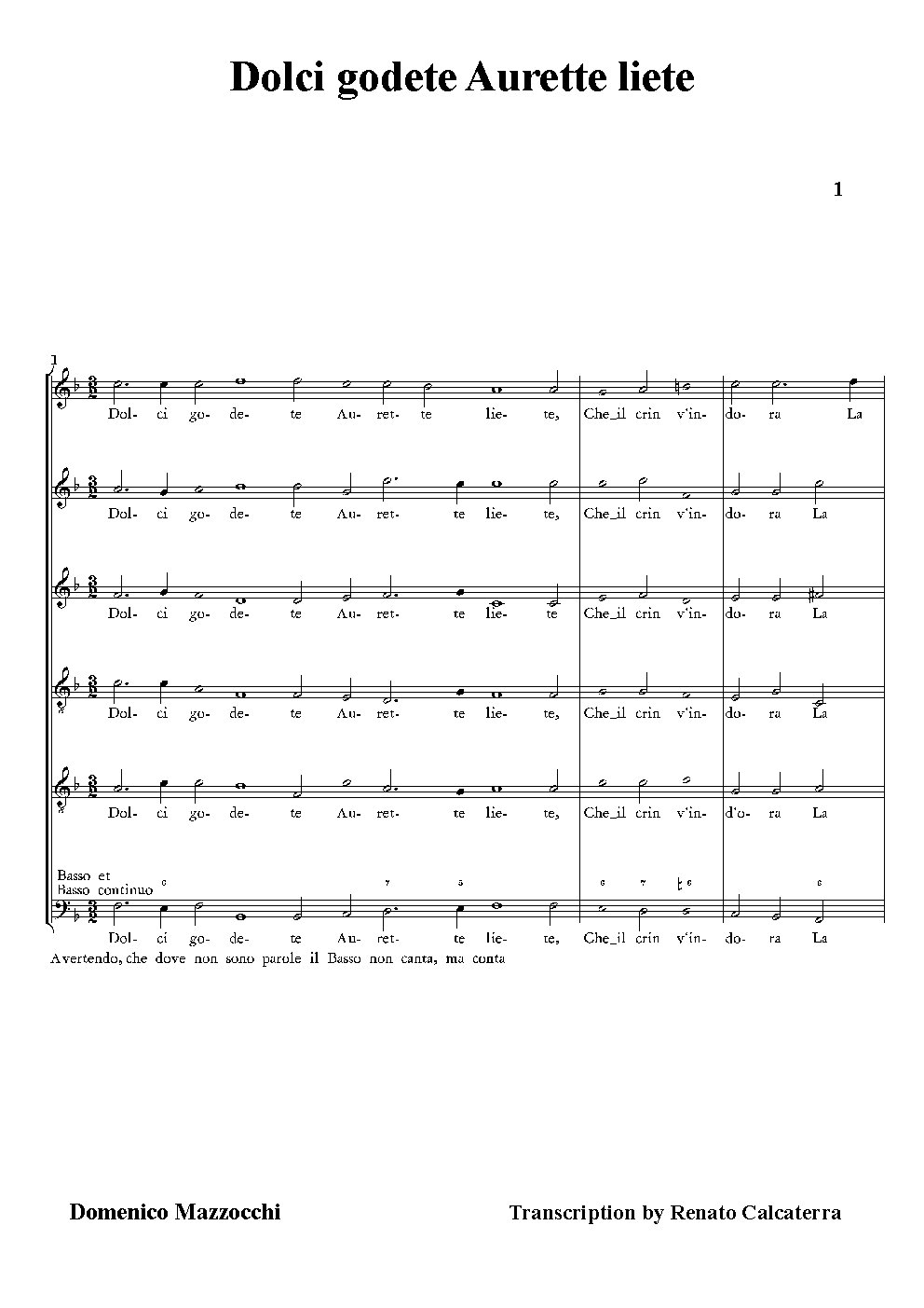 Dolci godete Aurette liete - Choir Script PDF Thumbnail