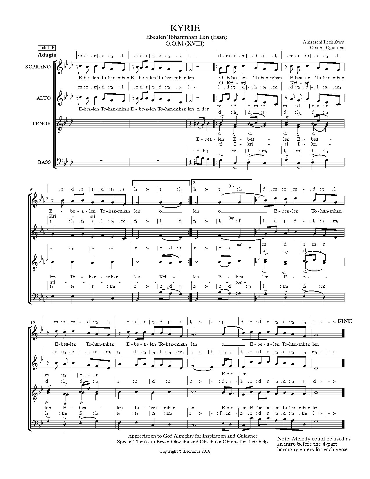 Kyrie - Ebealen Tohanmhan Len (o.o.m Xviii) - Amarachi Ilechukwu And Obioha Ogbonna - Download Choir Script PDF