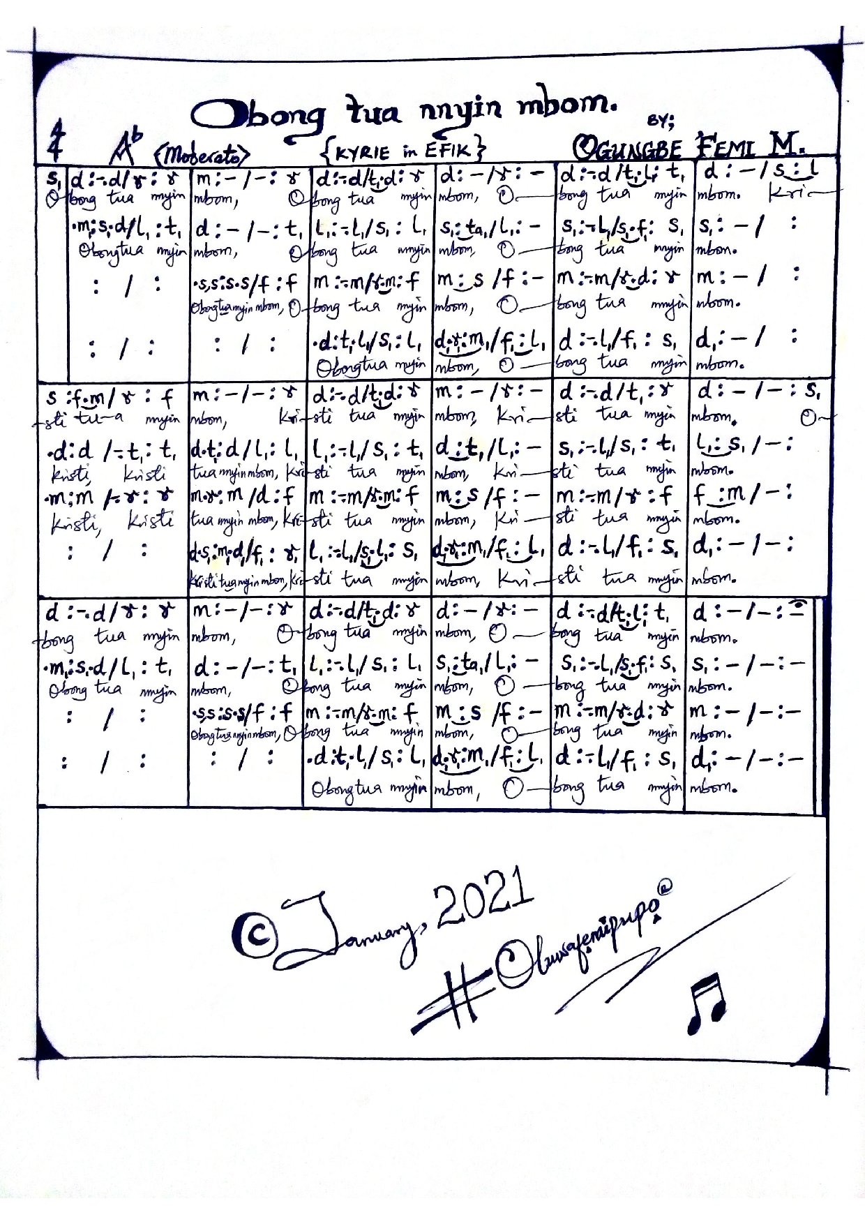 Obong Tua Nnyin Mbom (kyrie In Efik) - Download Choir Script PDF