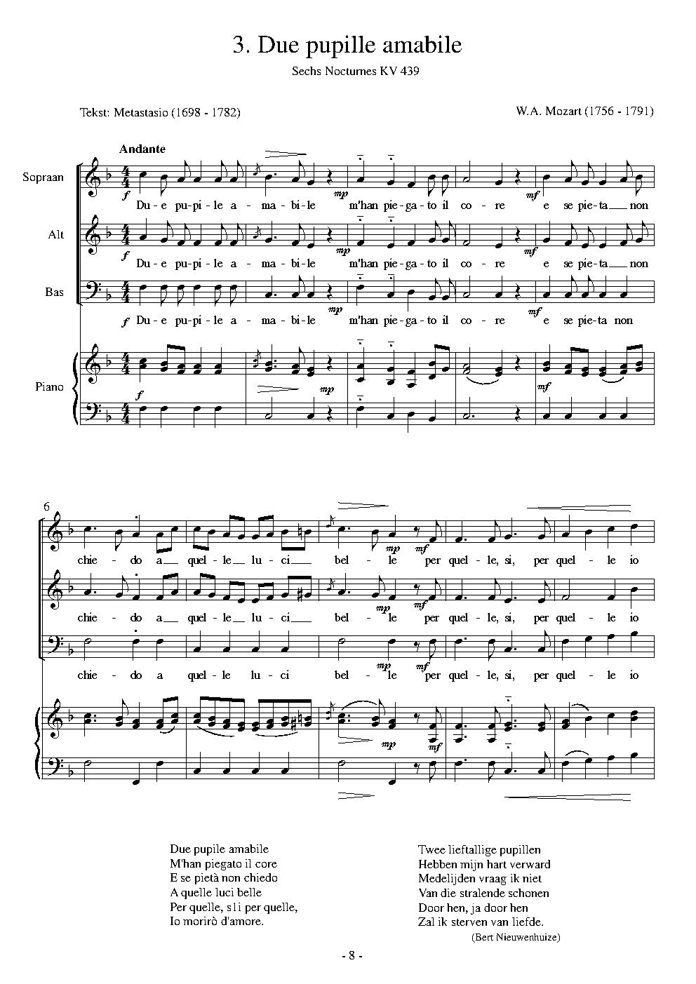 Due pupille amabili / Zwei allerliebste Äugelein, KV 439 - Choir Script PDF Thumbnail