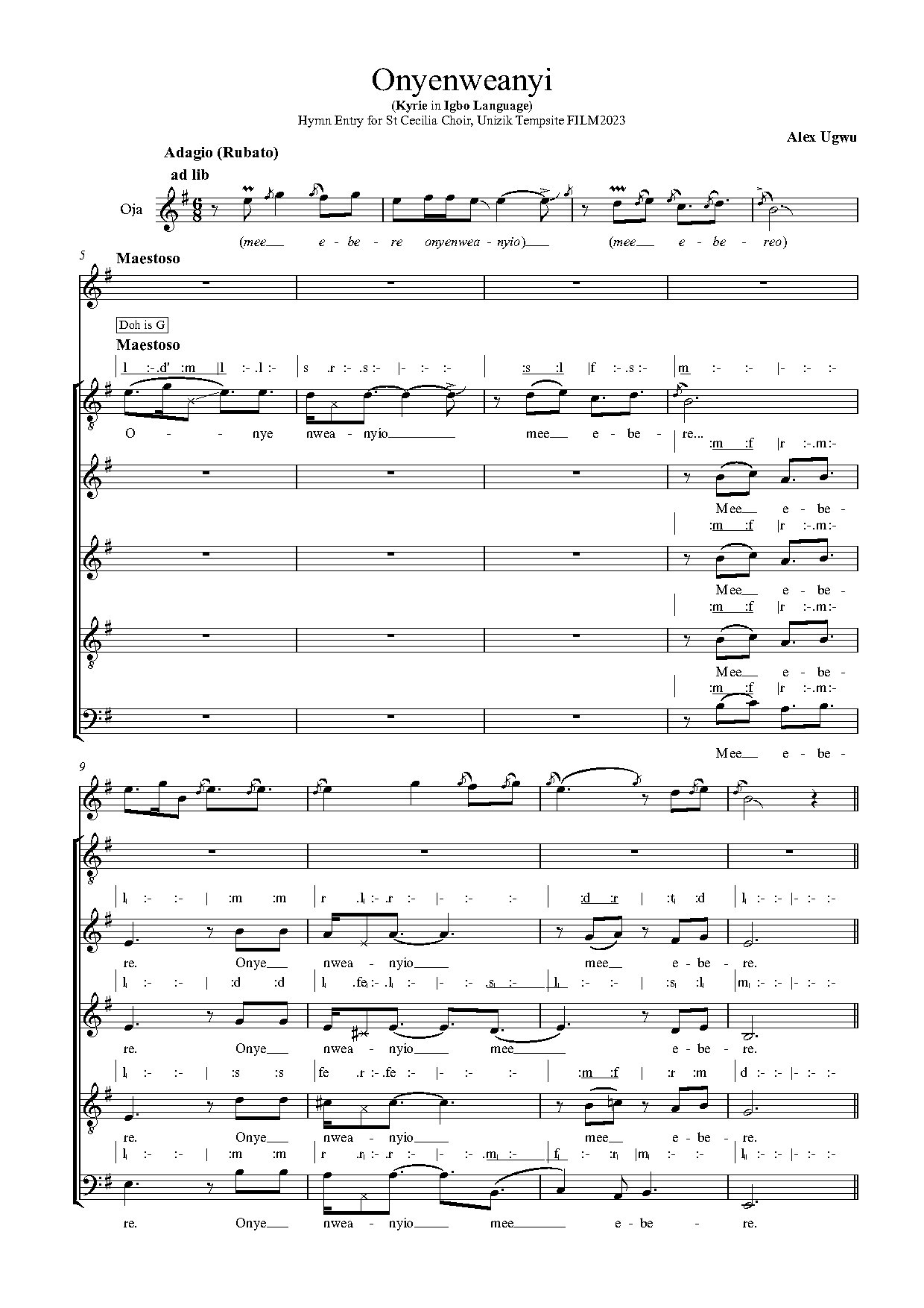 Onyenweanyi - Alex Ugwu (oja And Choir Score) - Download Choir Script PDF