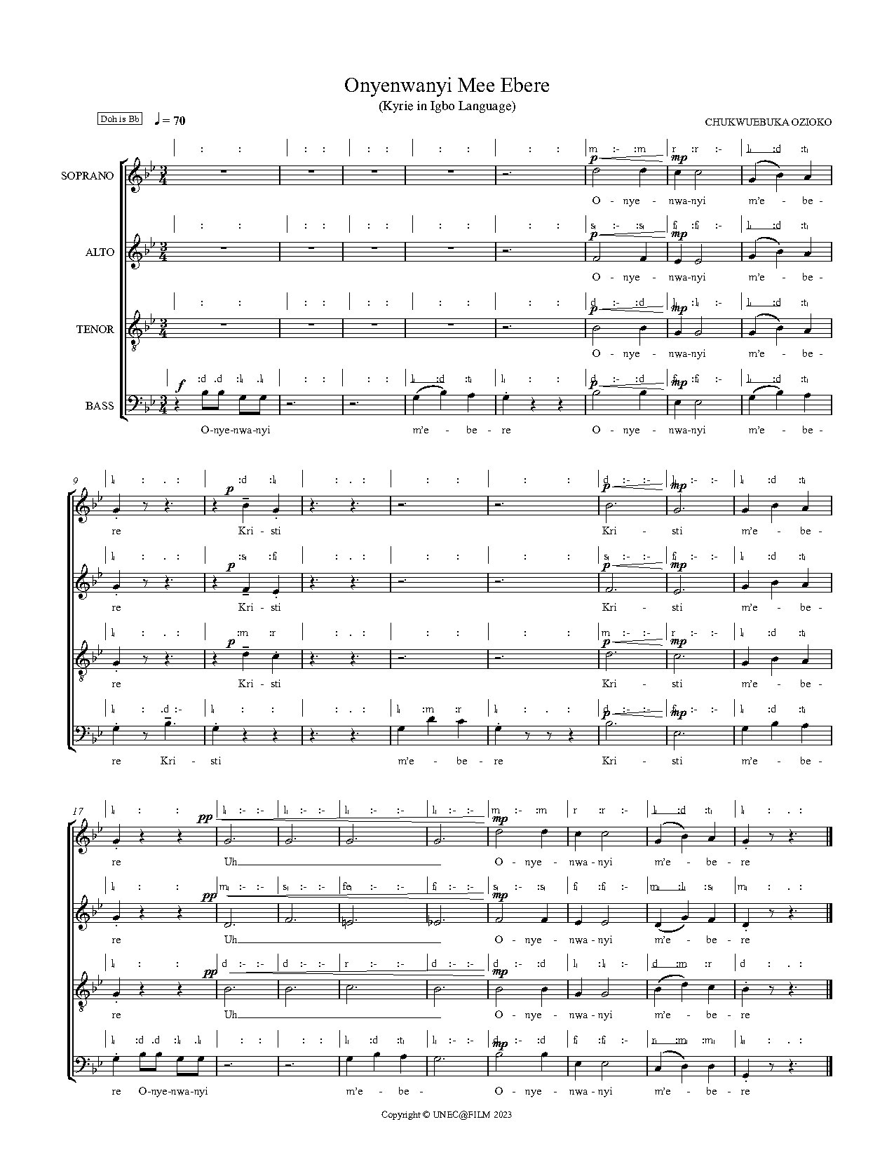 Onyenwanyi Mee Ebere Satb (unec) - Full Score - Download Choir Script PDF
