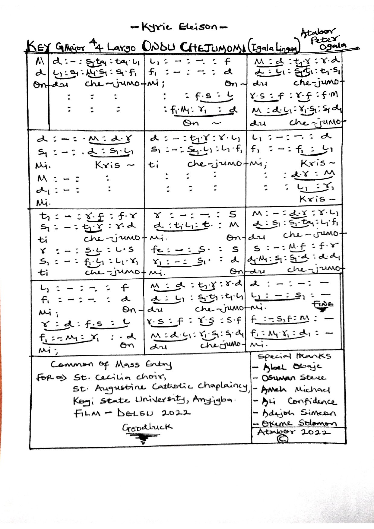 Ondu Chejumomi(film 22) - Download Choir Script PDF