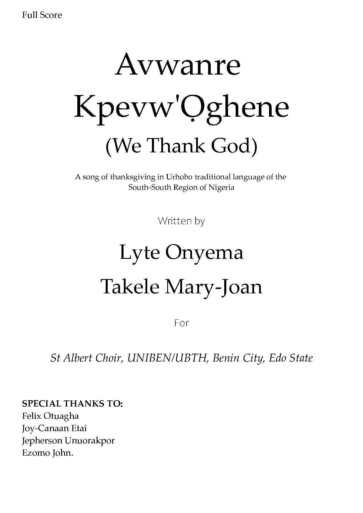 Awanre Kpevw Oghene Voices Only - Download Choir Script PDF