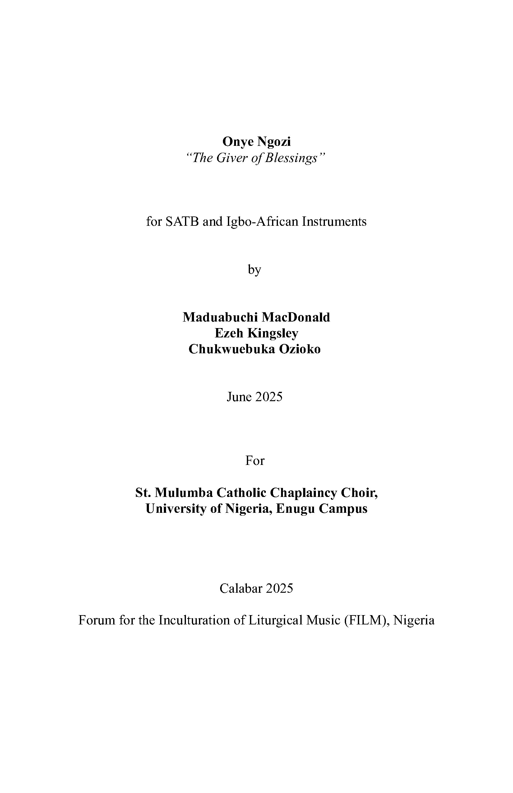 Onye Ngozi For Documentation - Full Score - Download Choir Script PDF