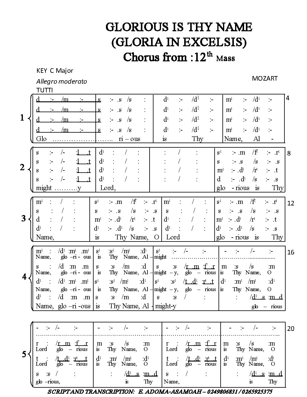 GLORIOUS IS THY NAME (GLORIA IN EXCELSIS)