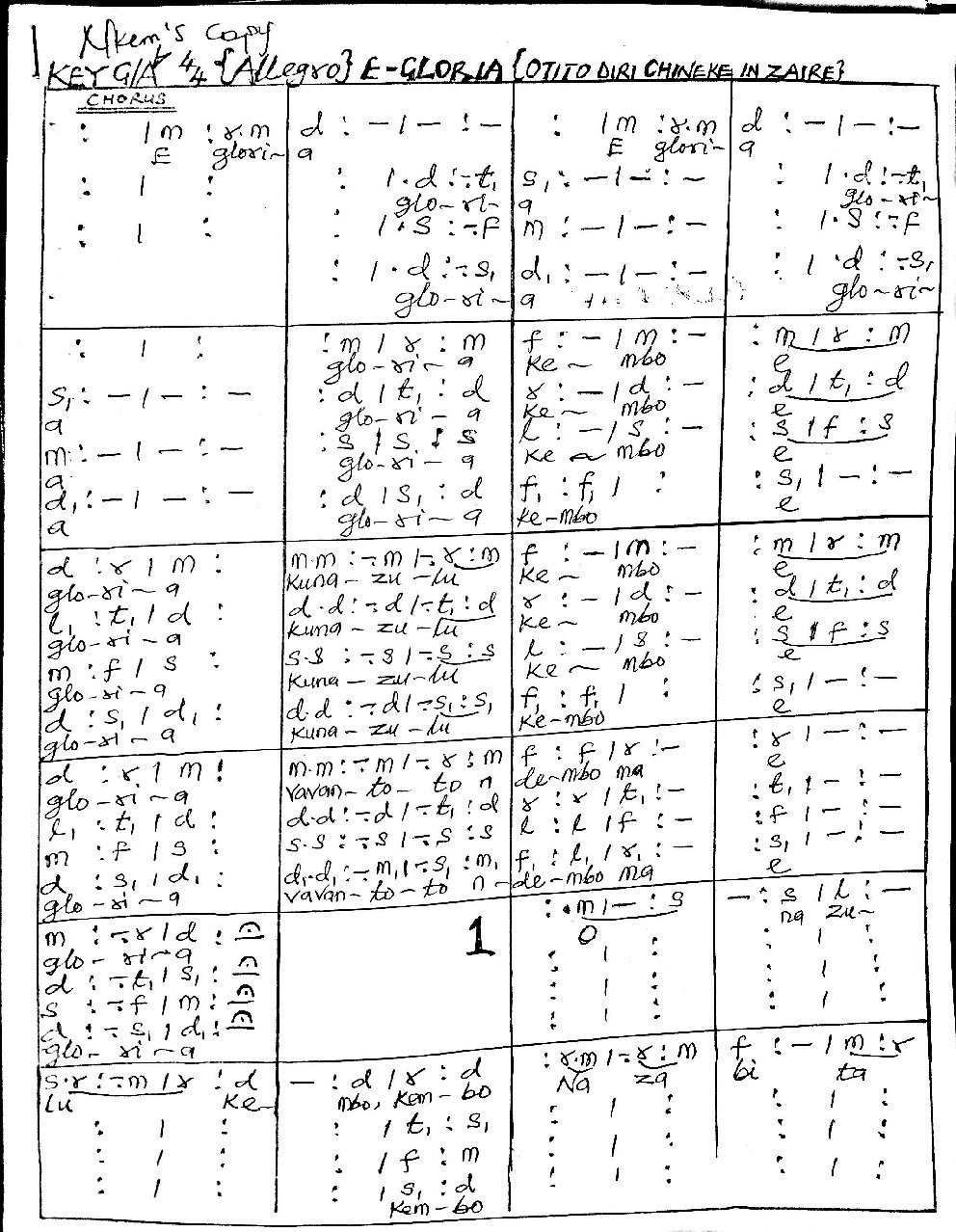 E-GLORIA (OTITO DIRI CHINEKE IN ZAIRE) - Choir Script PDF Thumbnail