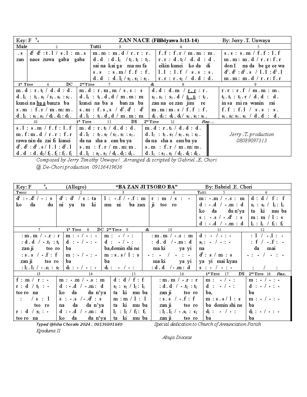 ZAN NACE / BA ZAN JI TSORO BA - Choir Script PDF Thumbnail