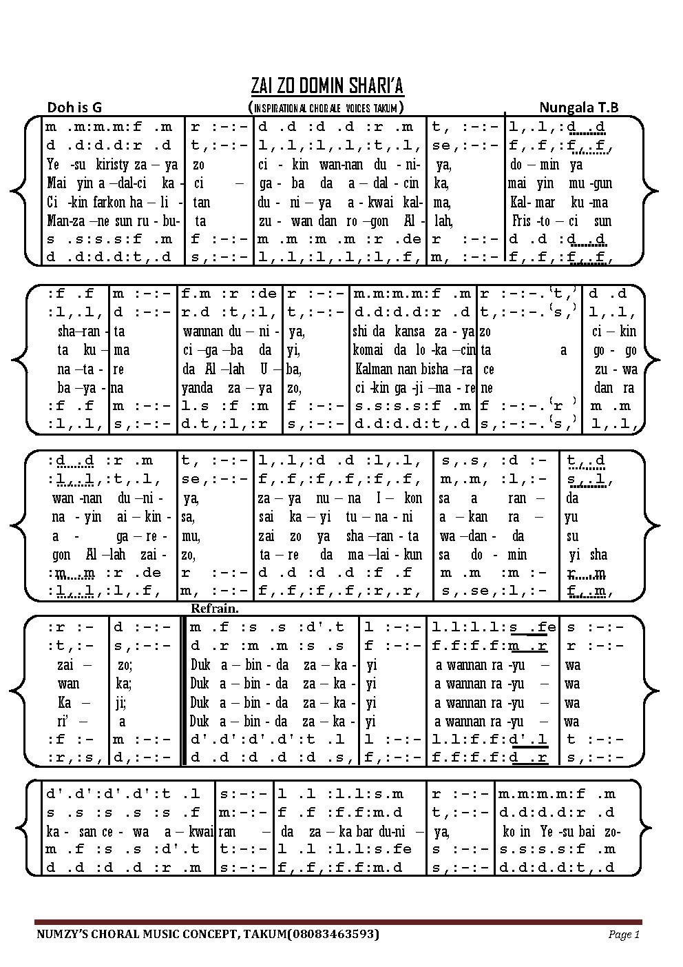 ZAI ZO DOMIN SHARI'A - Choir Script PDF Thumbnail