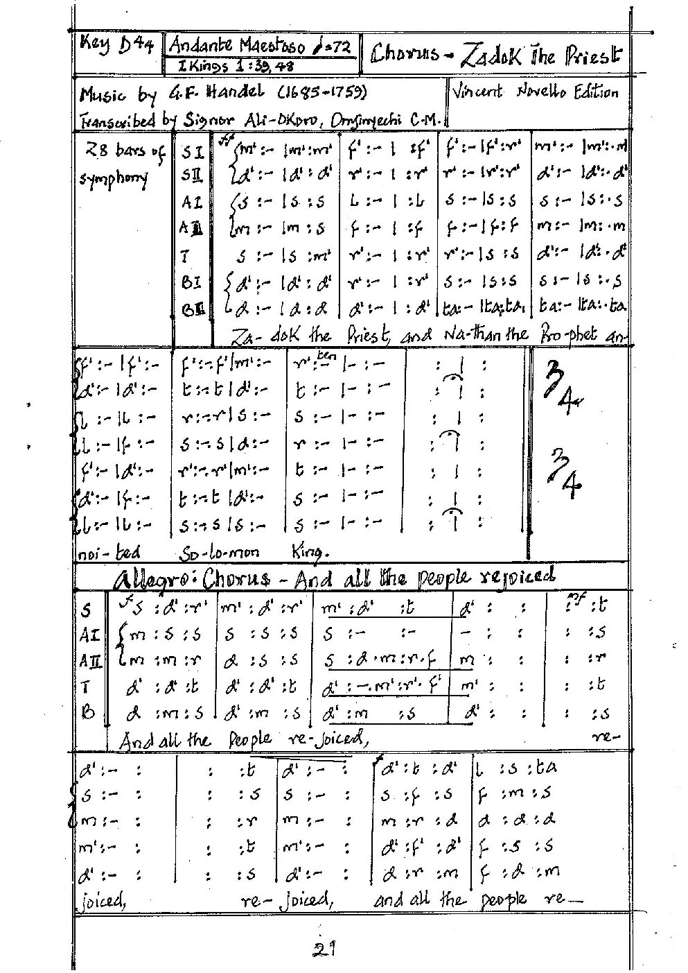 Chorus - Zadok The Priest - Choir Script PDF Thumbnail