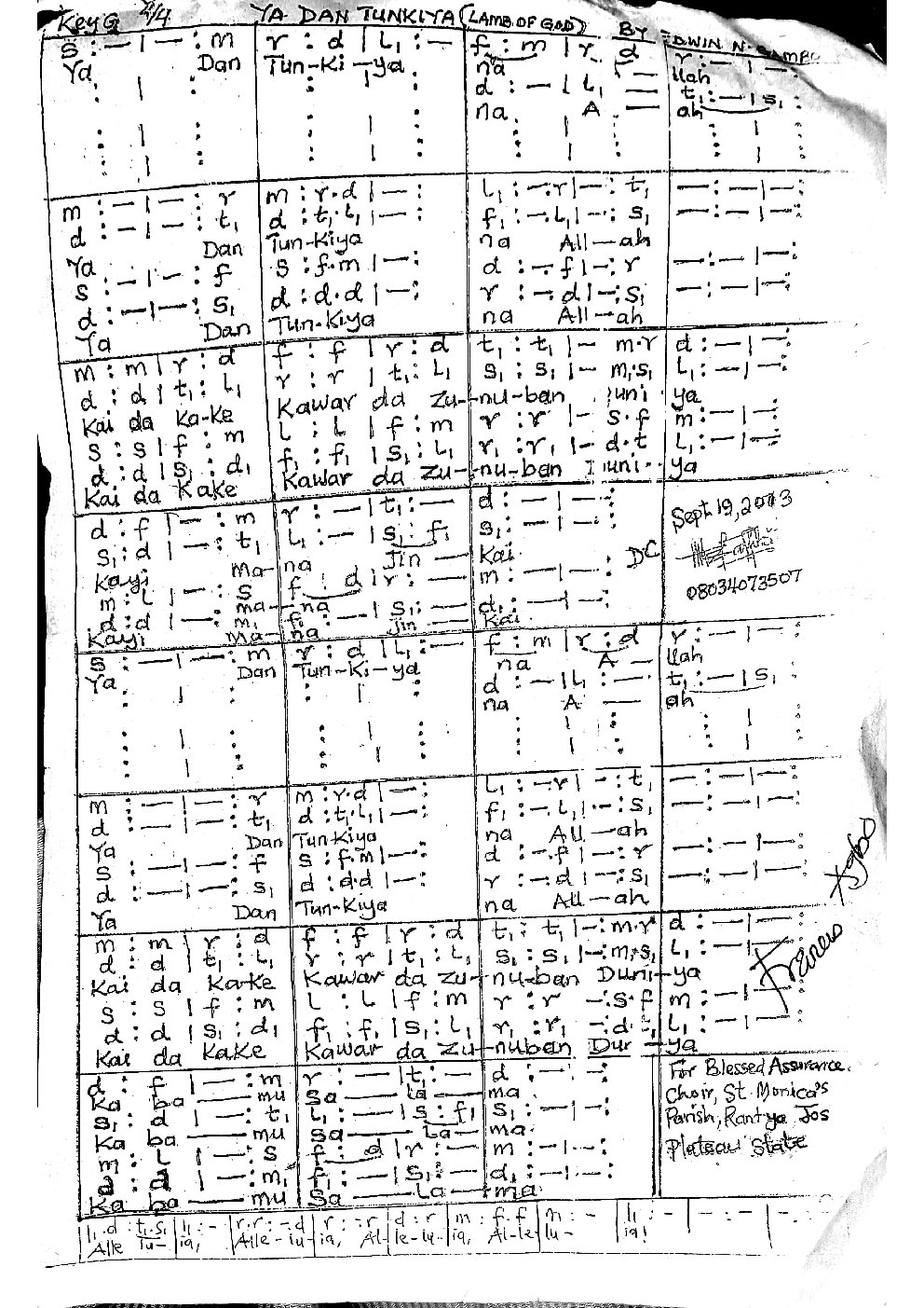 YA DAN TUNKIYA (LAMB OF GOD) - Choir Script PDF Thumbnail