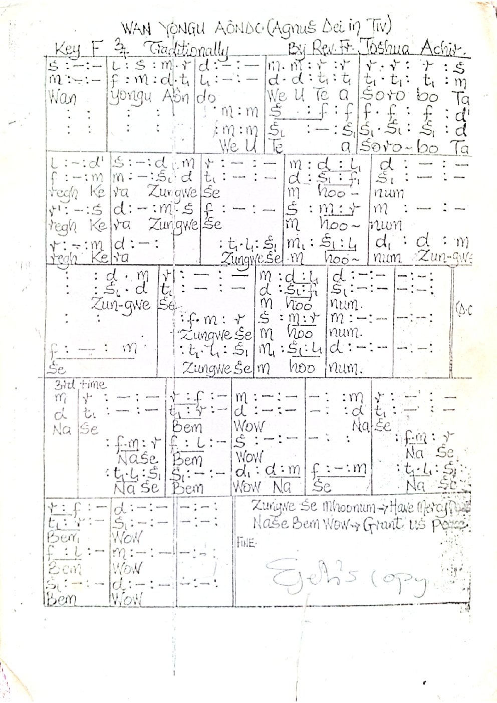 WAN YONGU AONDO (Agnus Dei in Tiv)