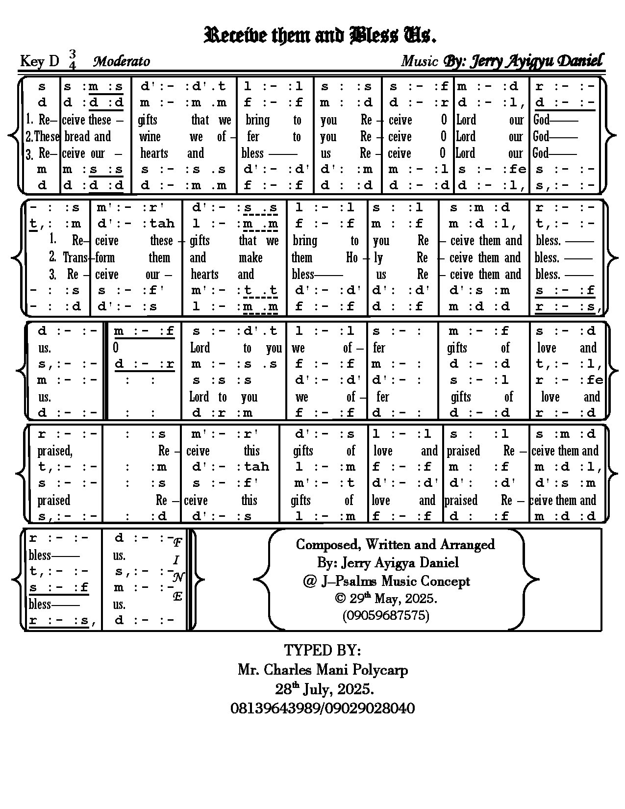 Recieve Them & Bless Us By Jerry Ayigyu Daniel - Download Choir Script PDF