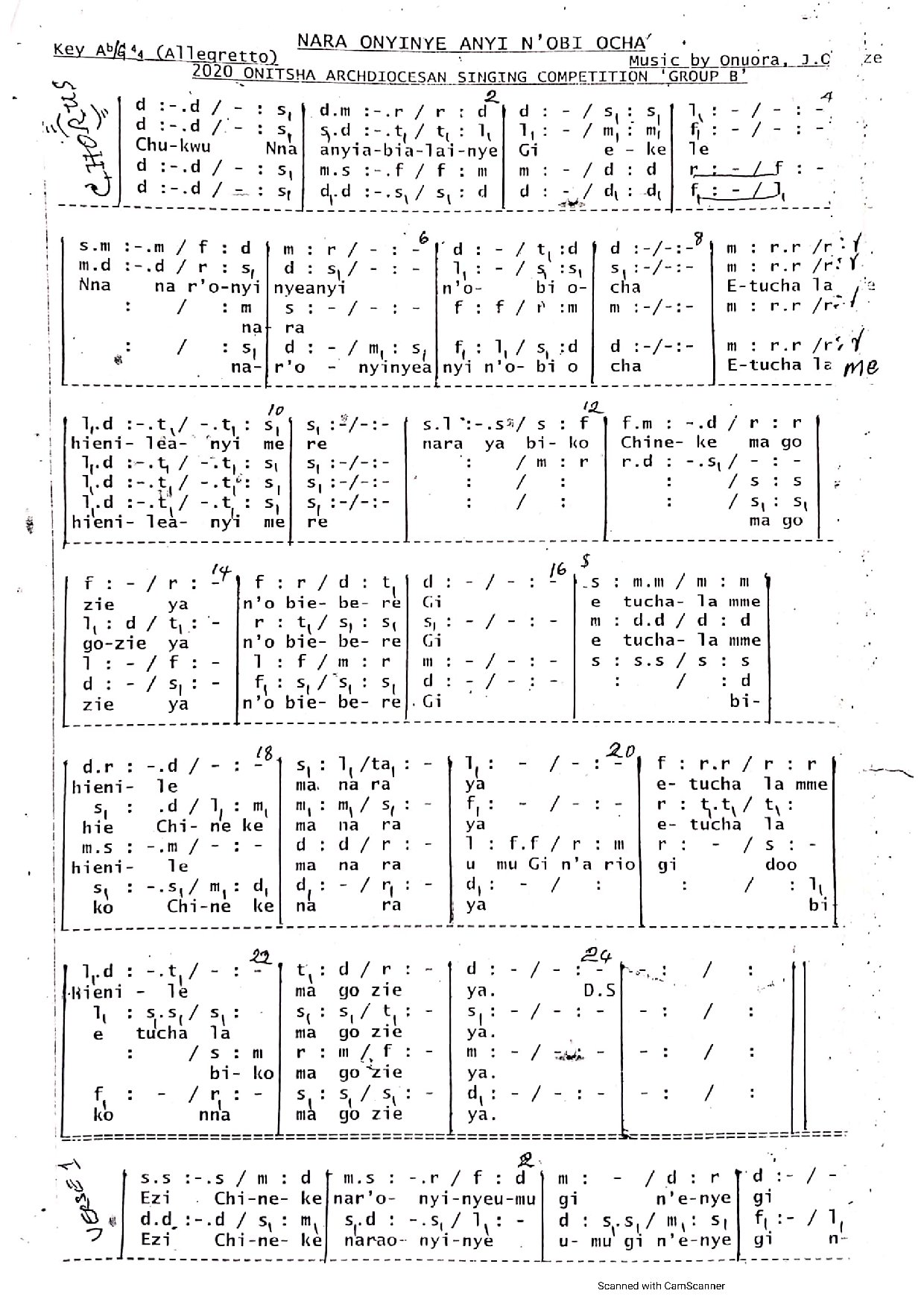 Nara Onyinye Anyi N Obi Ocha ~ Onuora J.c - Download Choir Script PDF