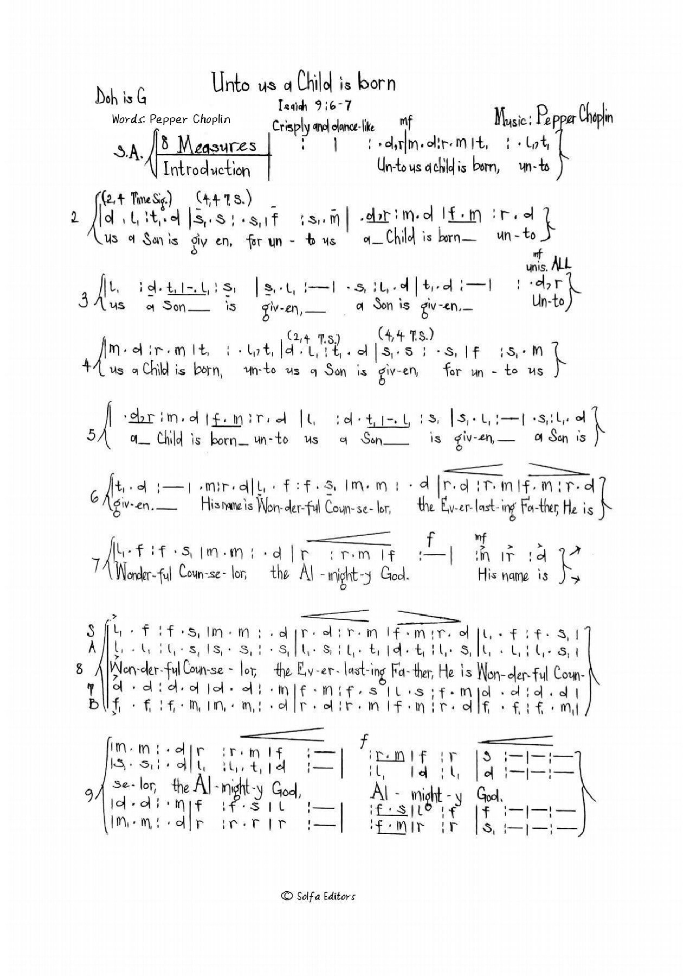 (Christmas) Unto Us A Child Is Born -- Choplin - Download Choir Script PDF