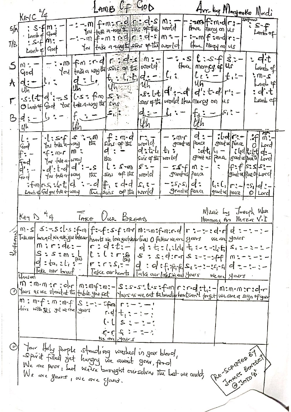 Lamb of God / Take Our Bread - Choir Script PDF Thumbnail