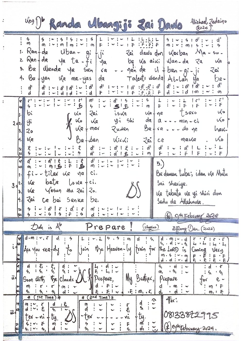 RANDA UBANGIJI ZAI DAWO - Choir Script PDF Thumbnail