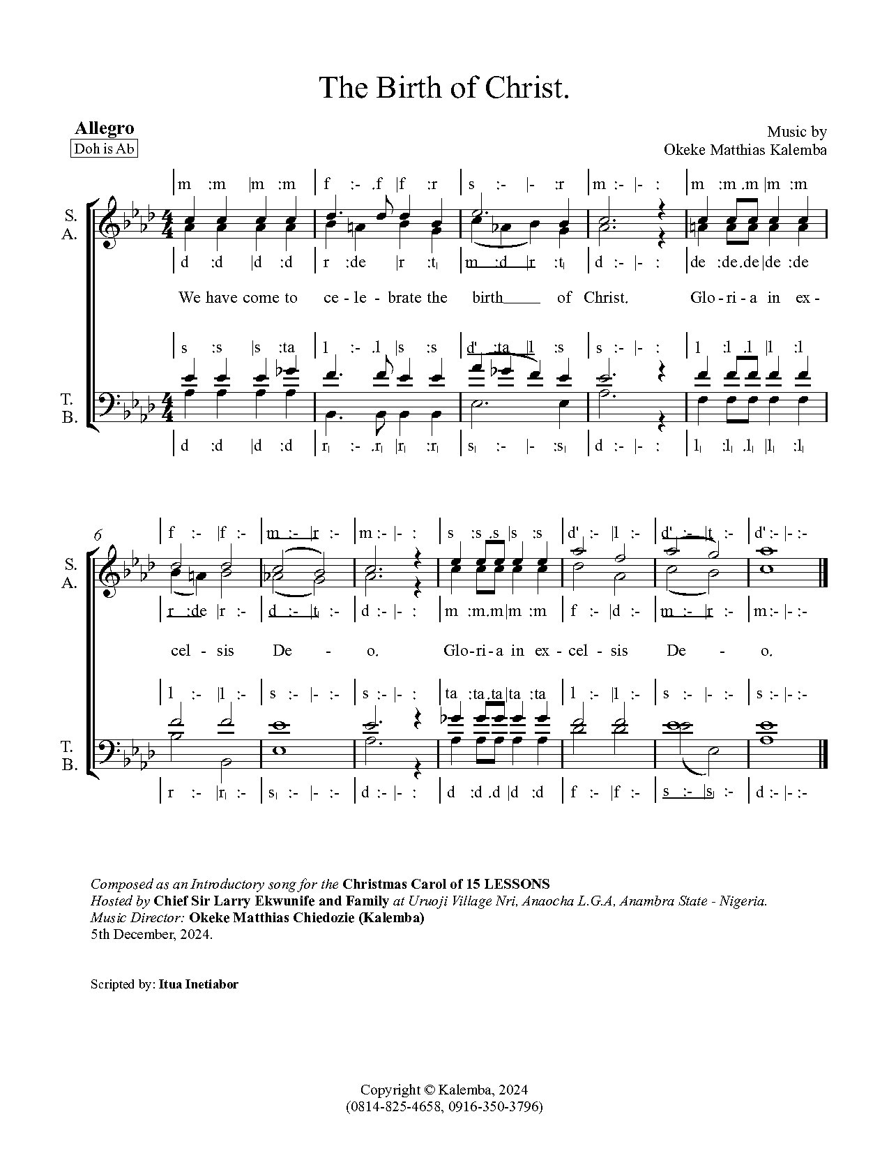 (Christmas) The Birth Of Christ - Okeke Matthias Kalemba - Download Choir Script PDF