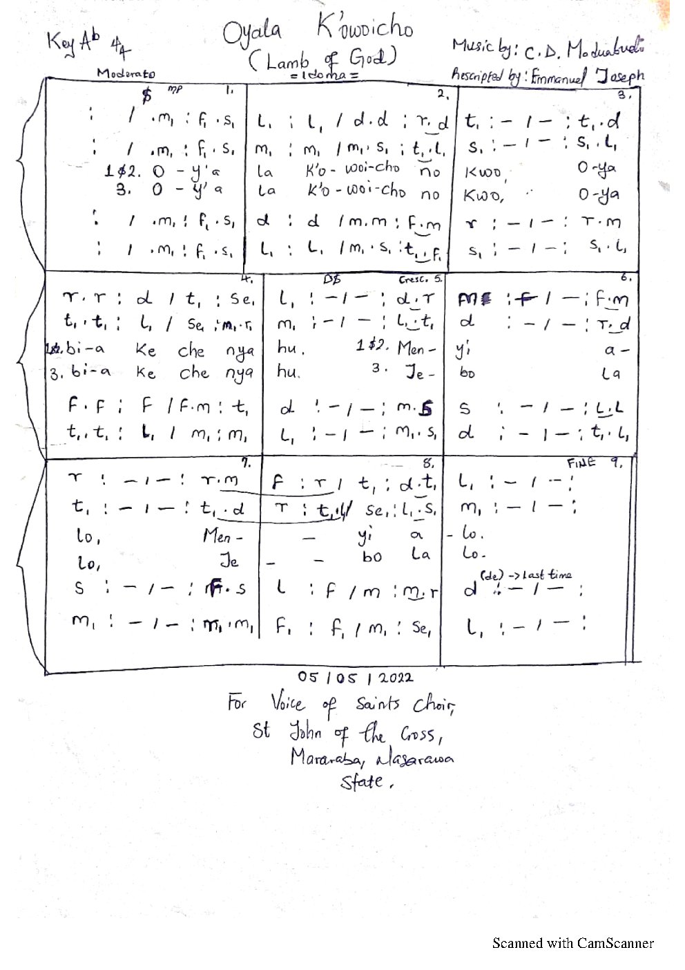 Oyala K'owoicho (Lamb of God) - Choir Script PDF Thumbnail