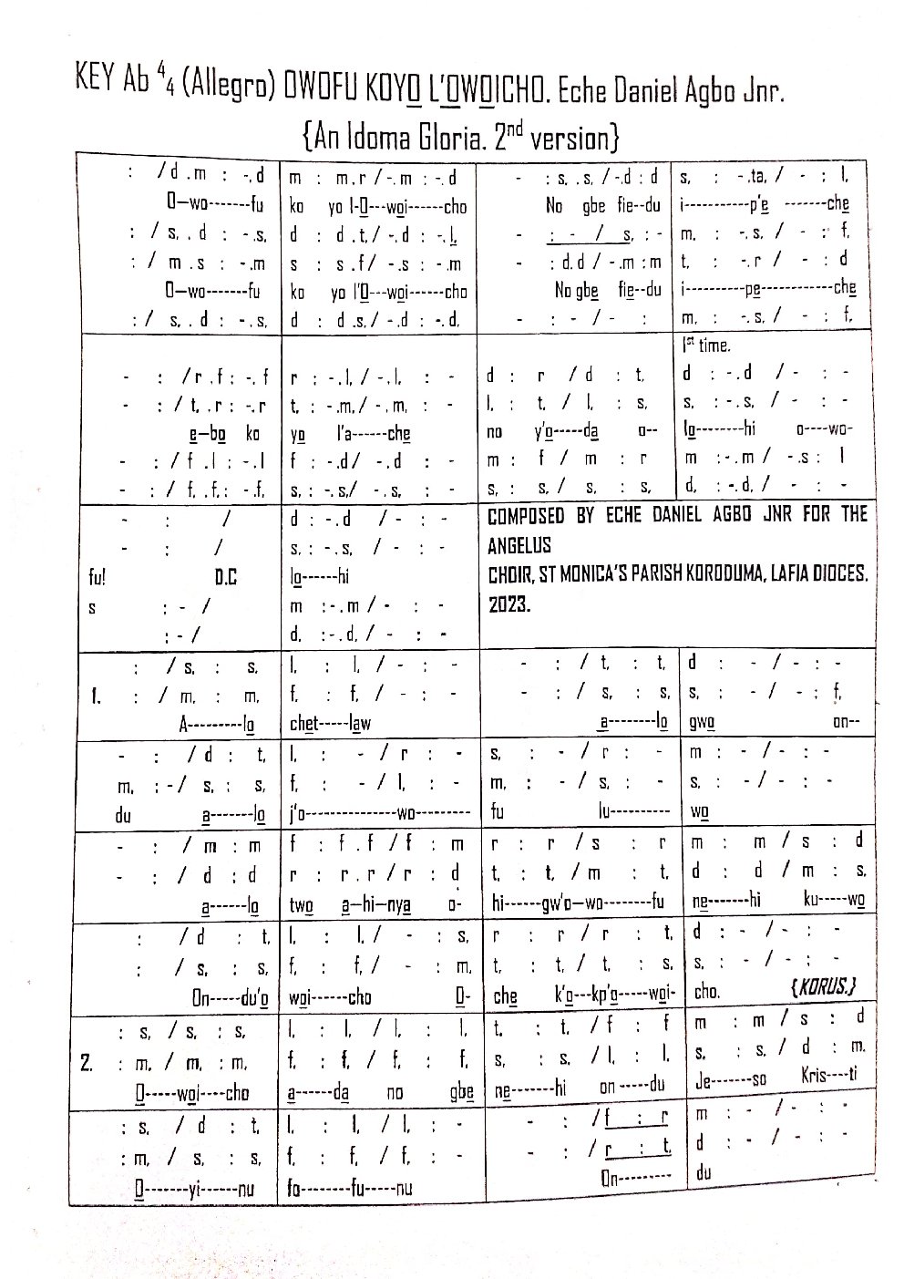 OWOFU KOYỌ L'OWỌICHO - Choir Script PDF Thumbnail