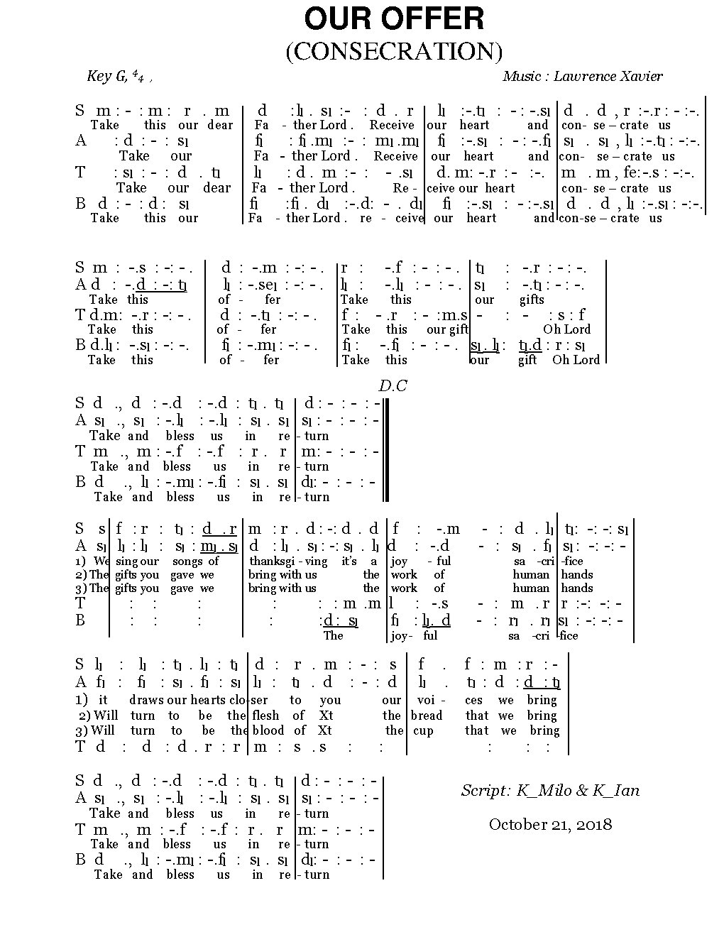 OUR OFFER (CONSECRATION)