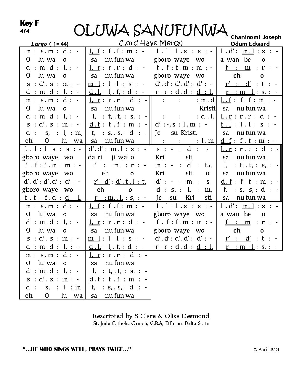 OLUWA SANUFUNWA - Choir Script PDF Thumbnail
