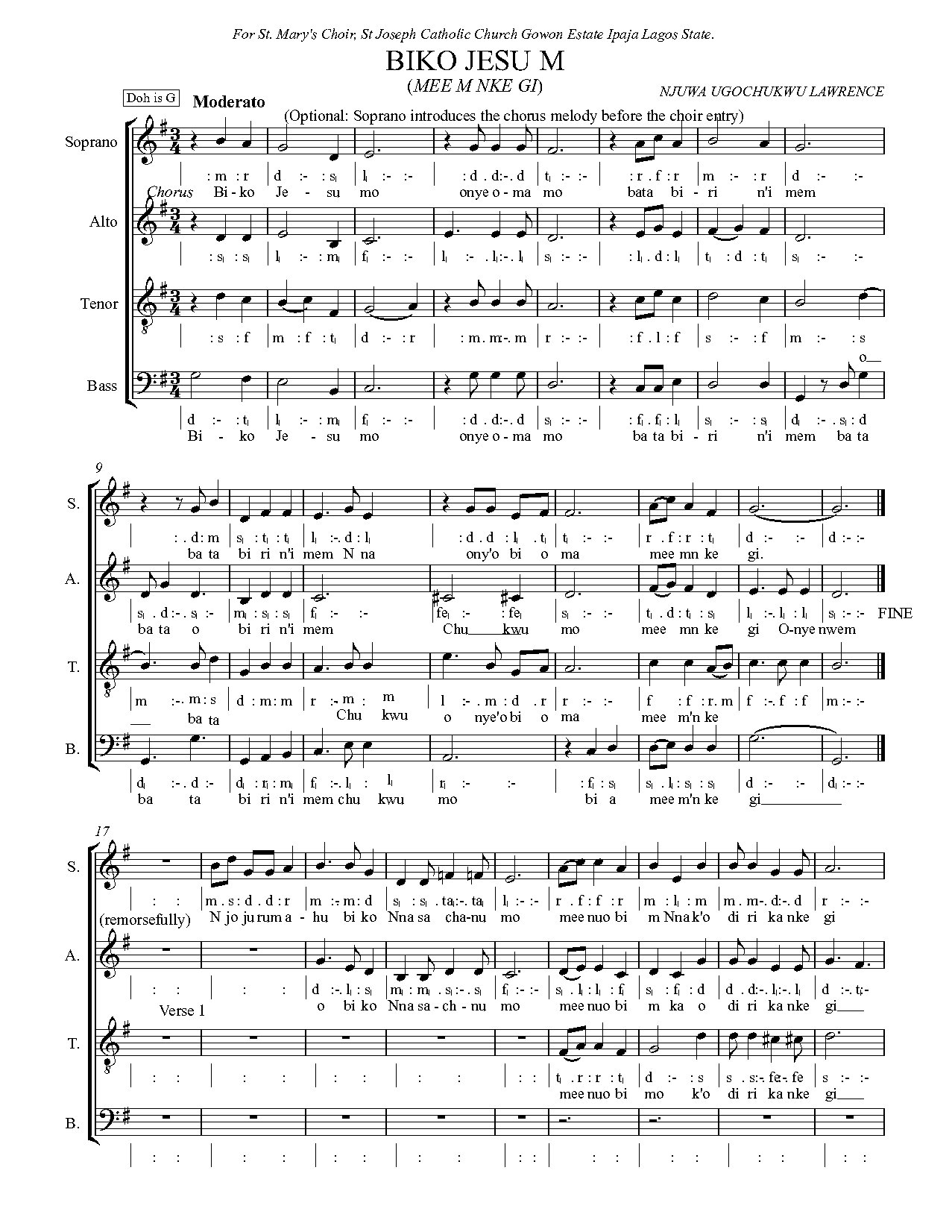 (Com) Biko Jesu M - Lawrence - Download Choir Script PDF