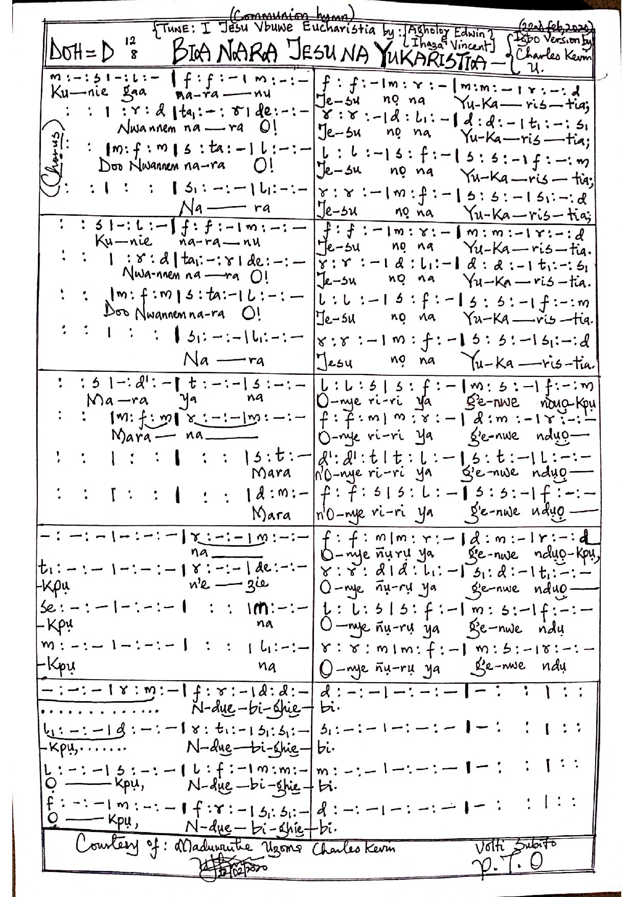 (Com) Bia Nara Jesu Na Yukaristia - Edwin Agholor - Download Choir Script PDF