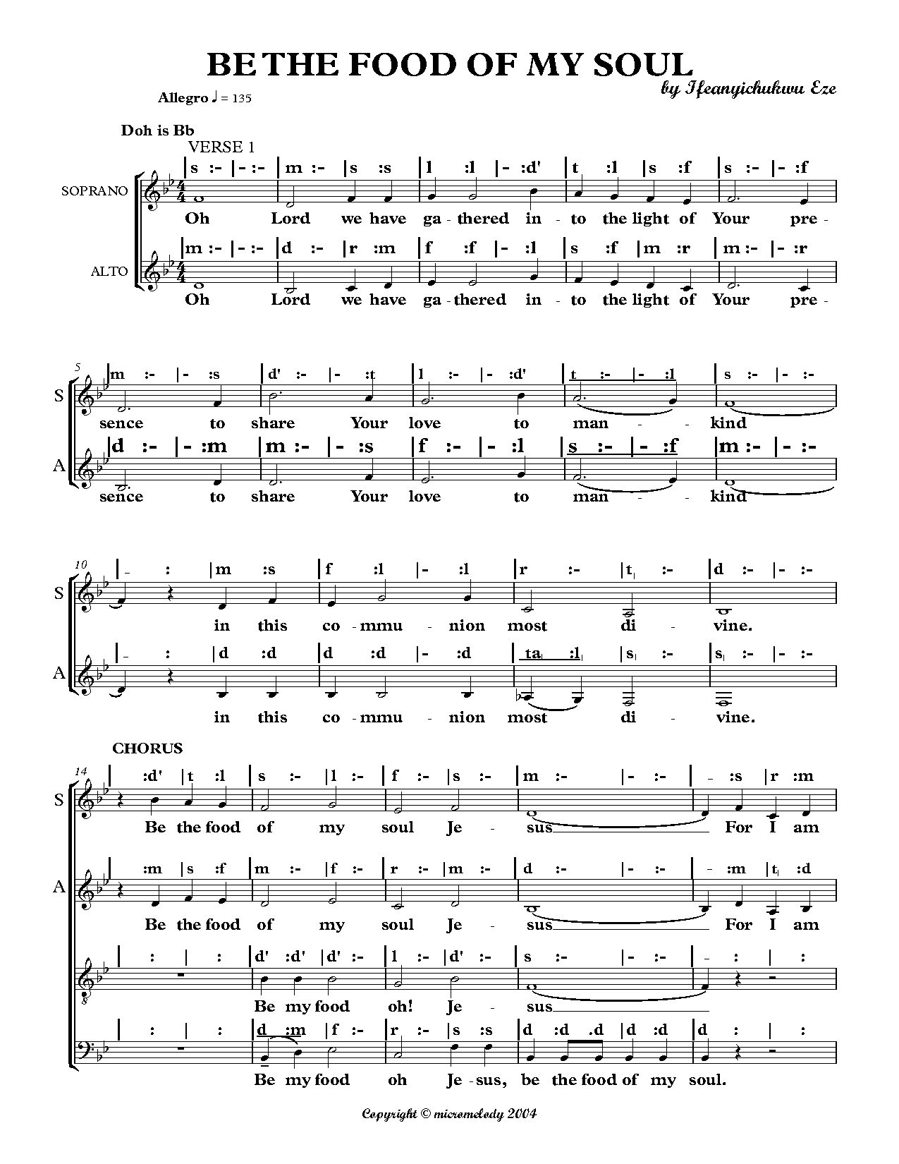 (Com) Be The Food Of My Soul - Ifeanyichukwu Eze - Download Choir Script PDF