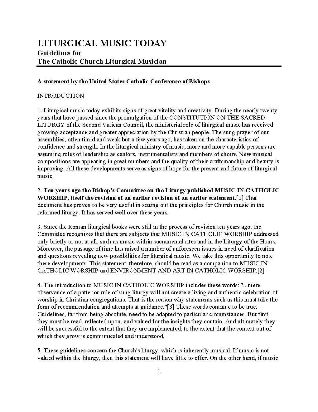LITURGICAL MUSIC TODAY Guidelines for The Catholic Church Liturgical Musician
