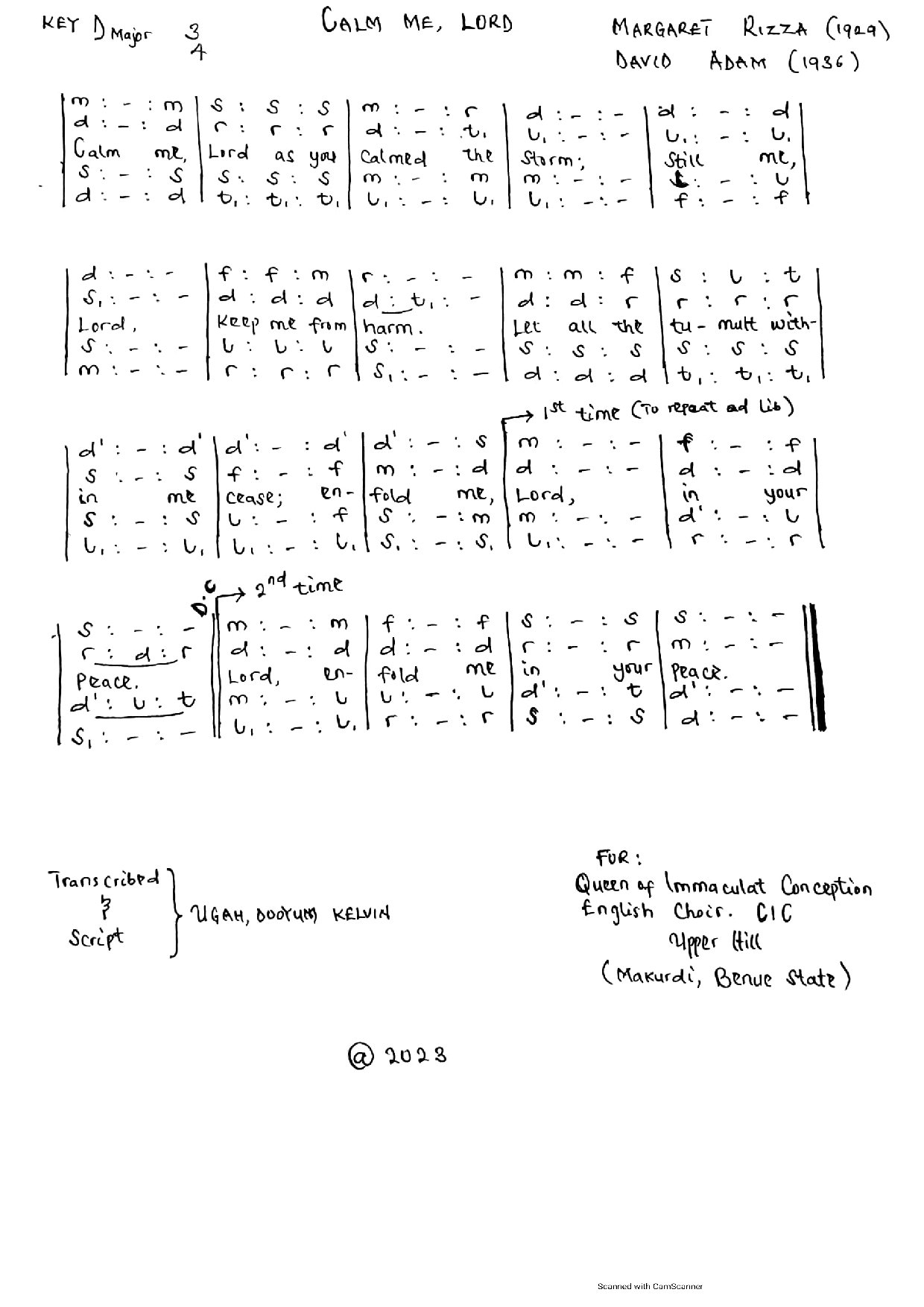 (Com) Calm Me Lord - Margaret Rizza - Download Choir Script PDF