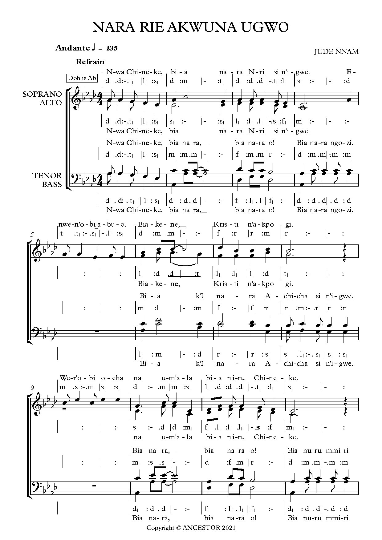 (Com) Bia, Nara, Akwuna Ugwo - Jude Nnam - Download Choir Script PDF
