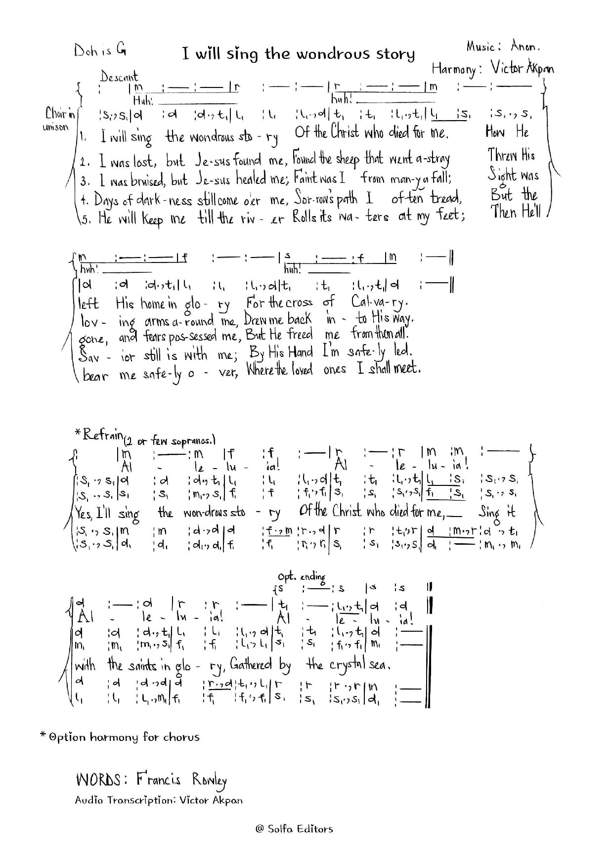 (Conc) I Will Sing The Wondrous Story - Arranged