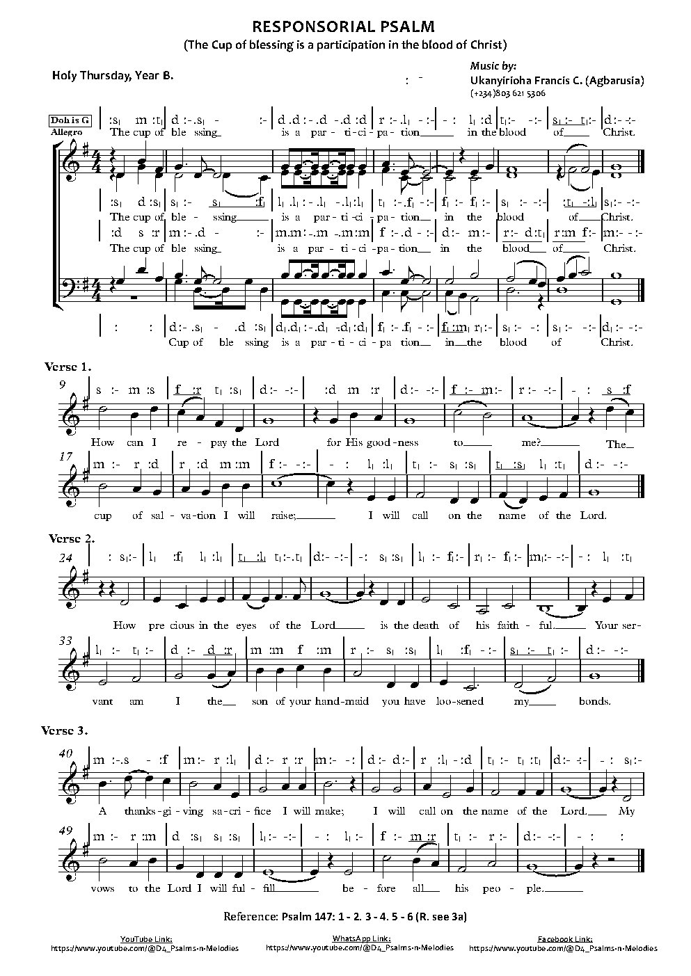 RESPONSORIAL PSALM (The Cup of blessing is a participation in the blood of Christ) - Choir Script PDF Thumbnail