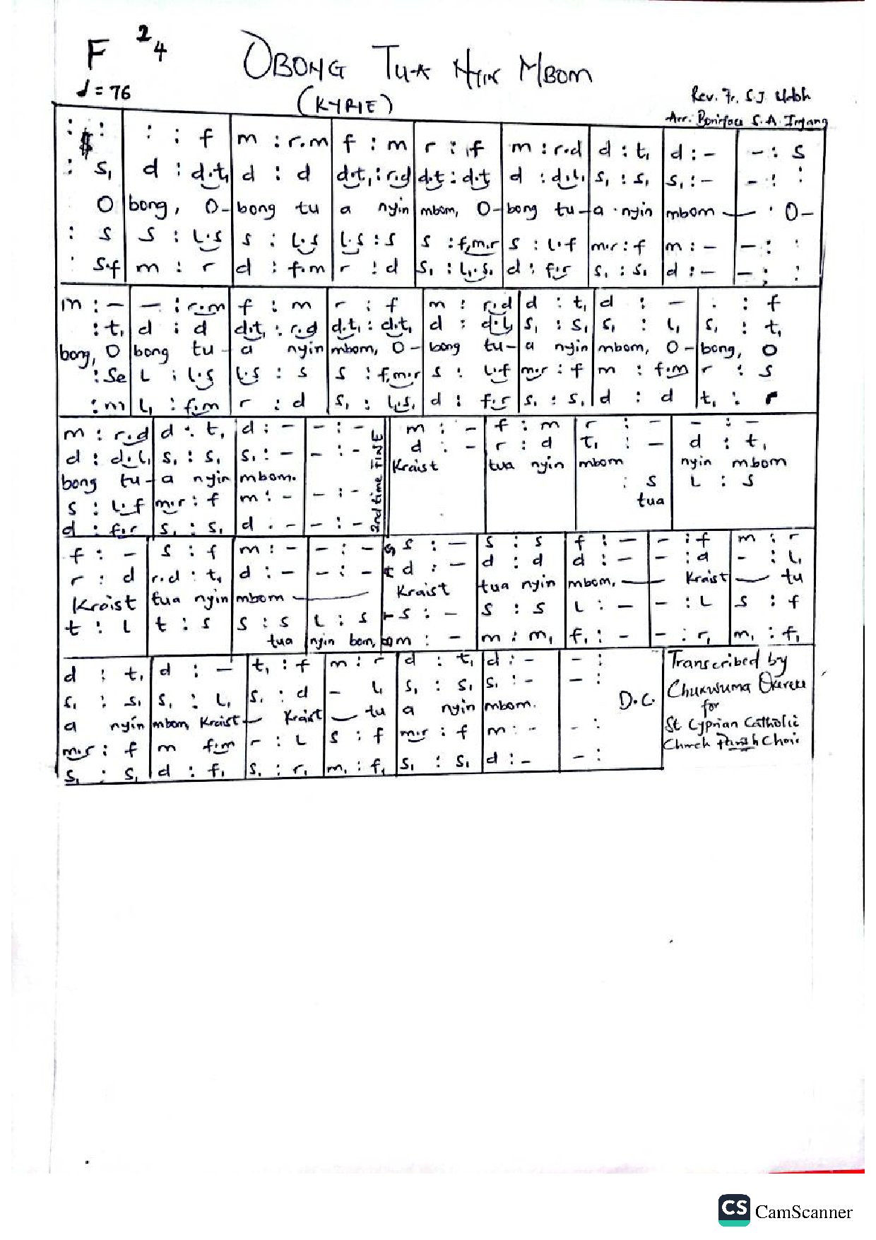 Obong Tua Nyin Mbom - Transcribed - Download Choir Script PDF