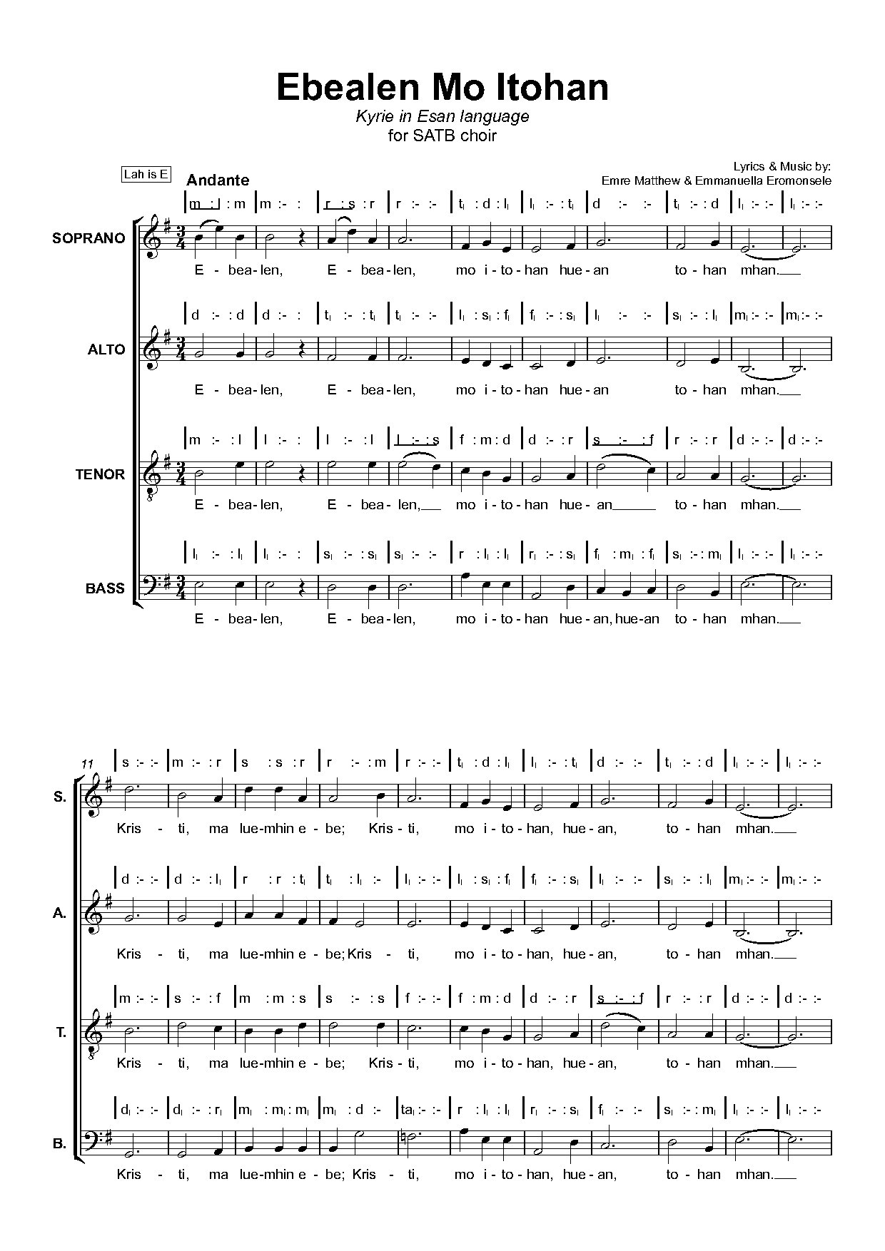Ebealen Mo Itohan - Full Score