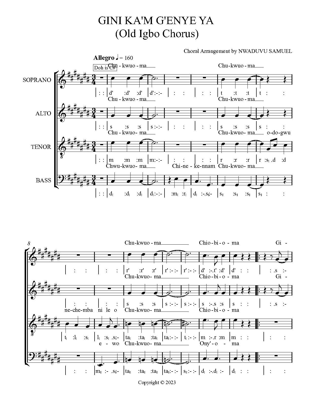(Off) Gini Ka'm G'enye Ya (old Igbo Chorus) - Full Score - Download Choir Script PDF