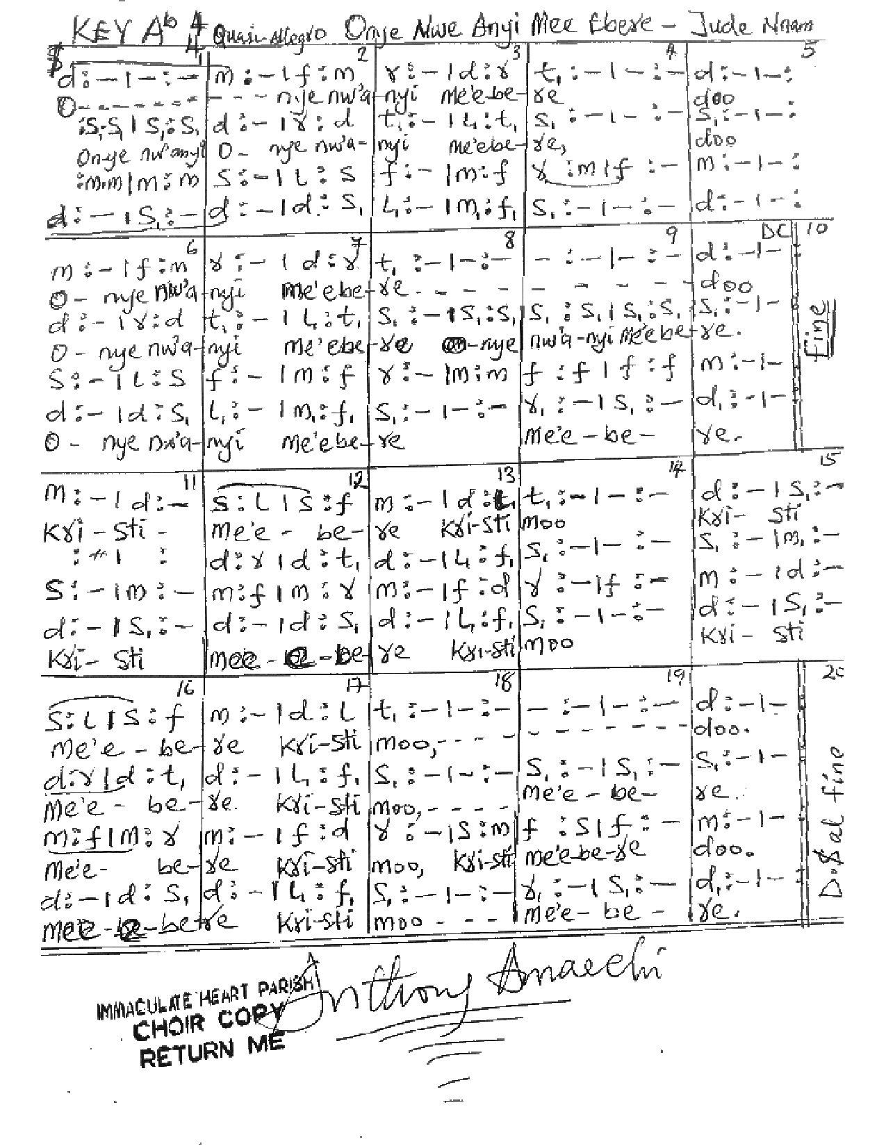 Onyeweanyi Mee Ebere Jude Nnam - Download Choir Script PDF
