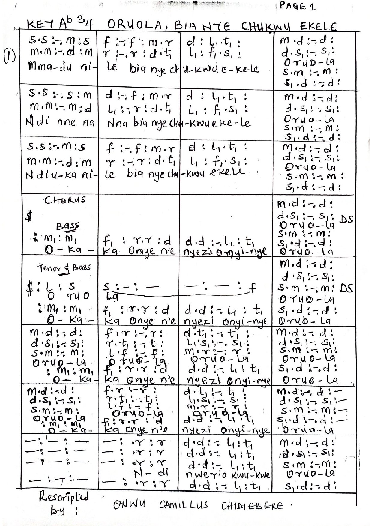 (Off) Oruola, Bia Nye Chukwu Ekele - Download Choir Script PDF