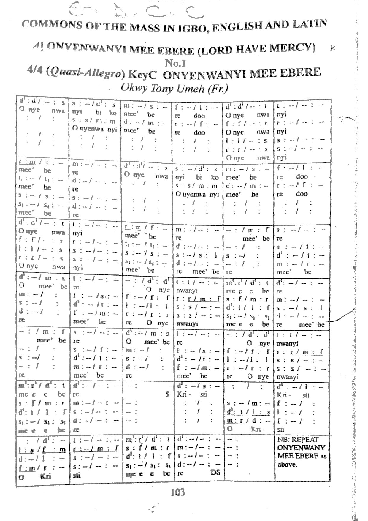 Onyenwanyi Mee Ebere - Dr Okwy - Download Choir Script PDF