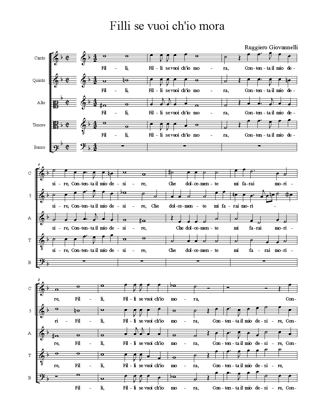 Filli se vuoi ch'io mora - Choir Script PDF Thumbnail
