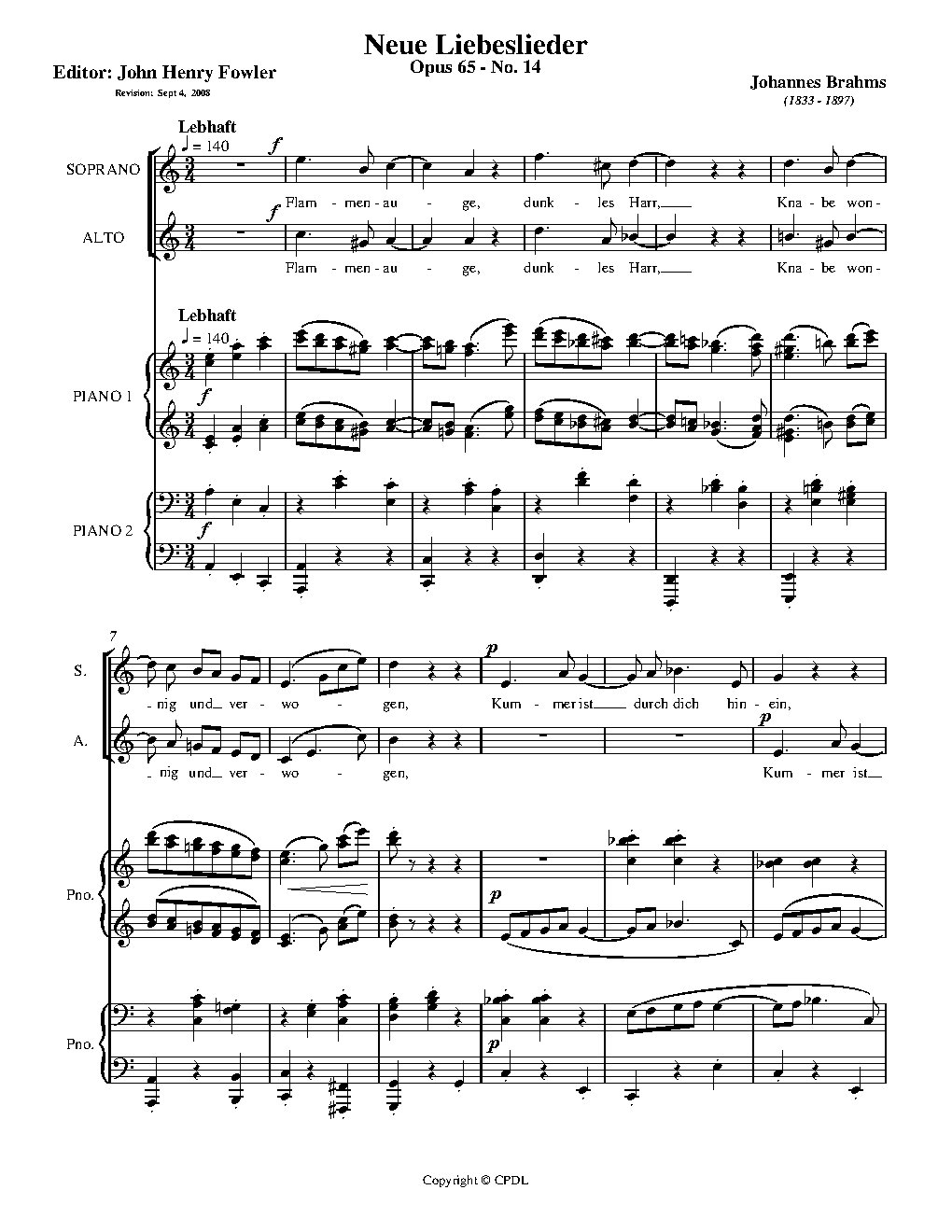 Flammenauge, dunkles Haar, Op. 65, No. 14|{{NoCo|Neue Liebeslieder Walzer, Op. 65 - Choir Script PDF Thumbnail